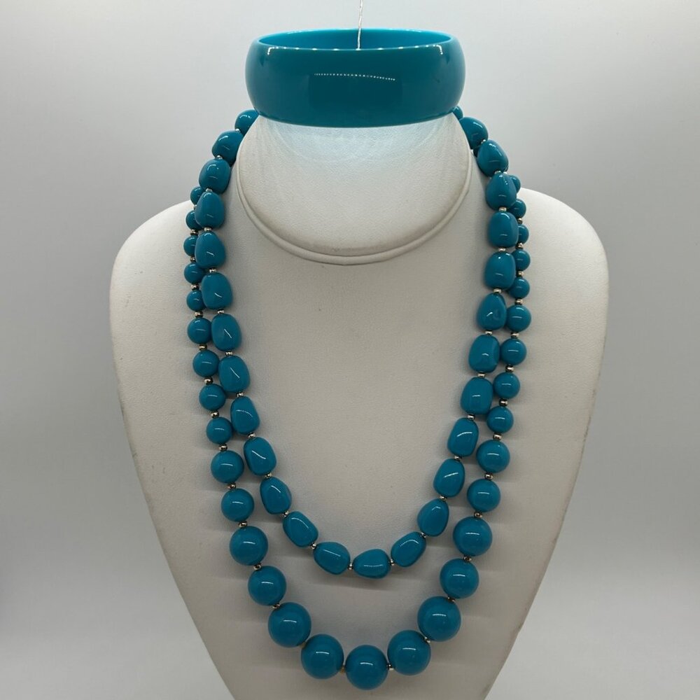 Vintage Turquoise Acrylic Set 2 Necklaces Bangle Bracelet Chunky Bead Statement - Picture 2 of 13